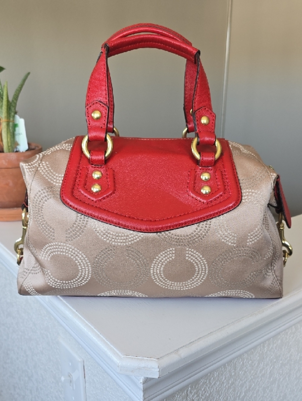 Coach Ashley Dotted Op Art Beige Red Carryall Satchel #F20027 - Picture 11 of 16